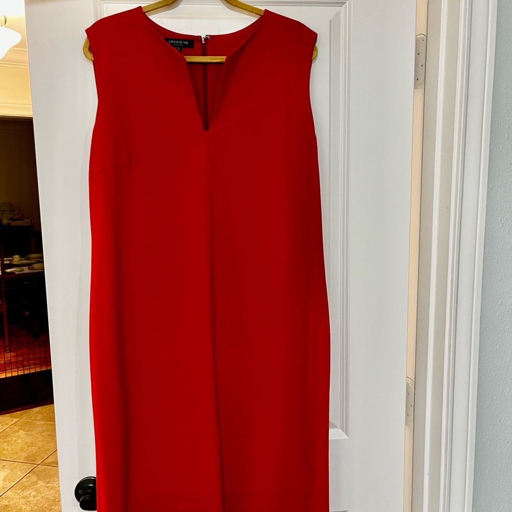Lafayette 148 New York Red V-Neck Sheath Midi Dress